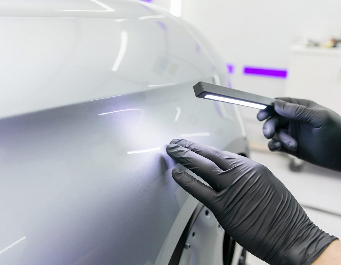 Specialist controleert carrosserie met LED-inspectielamp