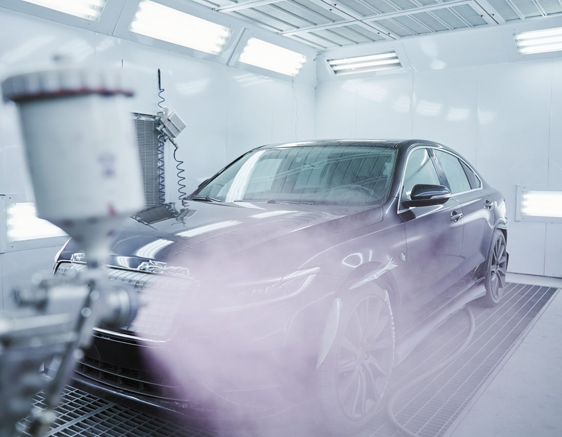 Personenauto wordt gespoten in de stofvrije spuitcabine van Cityline Carfix